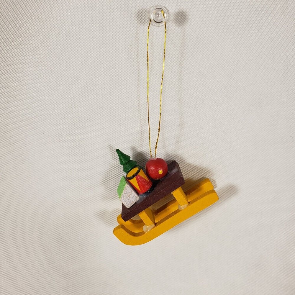 Vintage Hand Painted Wooden‎ Christmas Ornament Sled With Gifts Made In Taiwan